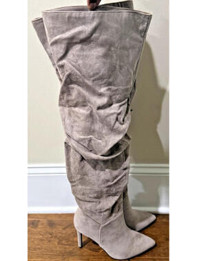 UNILADY Knee High Boots Stiletto Heels Pointed Toe Taupe